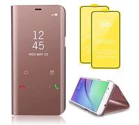 TiHen Compatible avec Coque Samsung Galaxy A52 5G Flip Clear View Translucide Miroir Cover Standing 360°Housse Étui Antichoc Smart Cover Bumper + Film Verre Trempé 2 Pièce-Rose Or