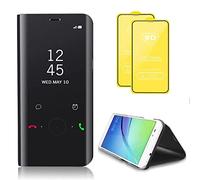 TiHen Compatible avec Coque Samsung Galaxy A52 5G Flip Clear View Translucide Miroir Cover Standing 360°Housse Étui Antichoc Smart Cover Bumper + Film Verre Trempé 2 Pièce-Noir