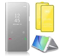 TiHen Compatible avec Coque Samsung Galaxy Note 10 Lite Flip Clear View Translucide Miroir Cover Standing 360°Housse Étui Antichoc Smart Cover Bumper + Film Verre Trempé 2 Pièce-Argent