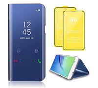 TiHen Compatible avec Coque Samsung Galaxy S20 FE Flip Clear View Translucide Miroir Cover Standing 360°Housse Étui Antichoc Smart Cover Bumper + Film Verre Trempé 2 Pièce-Bleu