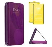TiHen Compatible avec Coque Samsung Galaxy S21 Flip Clear View Translucide Miroir Cover Standing 360°Housse Étui Antichoc Smart Cover Bumper + Film Verre Trempé 2 Pièce-Violet