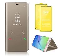 TiHen Compatible avec Coque Samsung Galaxy S22 Plus Flip Clear View Translucide Miroir Cover Standing 360°Housse Étui Antichoc Smart Cover Bumper + Film Verre Trempé 2 Pièce-Or