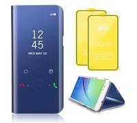 TiHen Compatible avec Coque Samsung Galaxy S23 Ultra Flip Clear View Translucide Miroir Cover Standing 360°Housse Étui Antichoc Smart Cover Bumper + Film Verre Trempé 2 Pièce-Bleu
