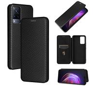 TiHen Compatible avec Coque Vivo V21, Mince Flip Fibre de Carbone [Test de Chute] Antichoc Stand Fente avec Carte, Protecteur d'écran en Verre Trempé*2-Noir