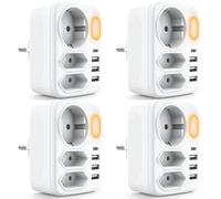 TIHONORI 4 Pack Socket with USB, Double Plug for Socket, 3-Way Socket Adapter (3500W/16A), 8 in 1 Socket Distributor with 3 USB A and 1 USB C for Kitchen, Bedroom, Living Room