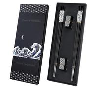 TIICOO Lot de 2 paires de baguettes en métal réutilisables en acier inoxydable plaqué titane 18/8 avec support, passent au lave-vaisselle, légères et de style japonais (noir)