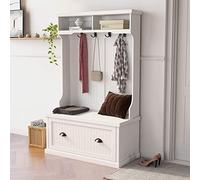 Tiiiopkvvv Armoire de rangement avec 1 meuble à chaussures inférieur, 2 compartiments ouverts sur le dessus et 4 crochets pour manteaux, arbre de rangement en bois pour entrée (blanc)