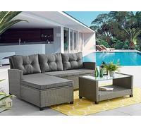 Tiiiopkvvv Delta Chairs Bora Bora Ensemble canapé sectionnel 3 pièces avec table basse avec étagère et plateau en verre, gris vieilli avec coussins boutonnés touffetés gris flanelle