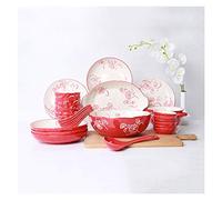 Tiiiopkvvv Ensemble d'assiettes et de vaisselle en céramique de 28 pièces - Rouge mat - Service pour 6 assiettes