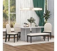 Tiiiopkvvv Ensemble table et chaises de cuisine pour 6 personnes - Table en imitation marbre avec banc, table de cuisine avec chaises rembourrées et banc, gris (blanc)
