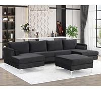 Tiiiopkvvv Grand canapé sectionnel avec chaise réversible, canapé sectionnel moderne en forme de U avec ottoman, canapé en velours avec pieds en métal pour salon, appartement (noir)