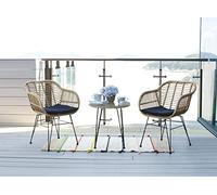 Tiiiopkvvv Lima Salon de jardin 3 pièces en rotin synthétique naturel avec 2 chaises simples avec coussins et table d'appoint avec plateau en verre, housse de coussin amovible Noir de jais