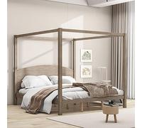 Tiiiopkvvv Lit à baldaquin avec tête de lit - Lit à plateforme rustique avec support à lattes en bois - Lit à 4 poteaux e pour adulte, adolescent et enfant - Marron (marron King size)