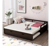 Tiiiopkvvv Lit de jour extensible avec gigogne extractible pratique, garde-corps et lattes en bois, pieds en bois solide et en pin massif, pas besoin de sommier tapissier, 198,4 x 106,2 x 58,9 cm (L x