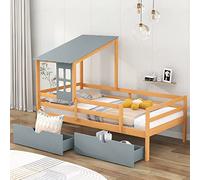 Tiiiopkvvv Lit double avec 2 tiroirs, lit mezzanine en bois avec toit et meubles de chambre d'enfant (gris) (avec tiroirs gris)