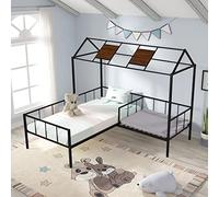 Tiiiopkvvv Lit double en métal en forme de maison avec coin salon, lit fonctionnel avec garde-corps et support à lattes robustes, pas besoin de sommier tapissier, 202 x 195,5 x 165 cm (L x l x H