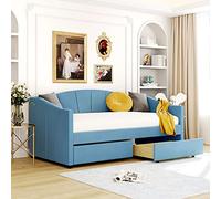 Tiiiopkvvv Lit double rembourré avec deux tiroirs, lattes en bois, design élégant en tissu velours, MDF robuste, pas besoin de sommier tapissier, beige (bleu + deux tiroirs double)