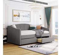Tiiiopkvvv Lit double rembourré avec deux tiroirs, lattes en bois, design élégant en tissu velours, MDF robuste, pas besoin de sommier tapissier, beige (gris + deux tiroirs jumeau)