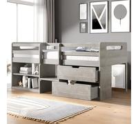 Tiiiopkvvv Lit mezzanine double avec deux étagères et deux tiroirs, bois de pin massif gris antique, peu encombrant, solide et élégant, garde-corps sur toute la longueur pour la sécurité (gris antique