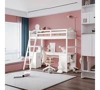 Tiiiopkvvv Lit mezzanine double avec tiroirs, armoire, étagères et bureau, lit mezzanine en bois avec bureau - Gris (lit jumeau)