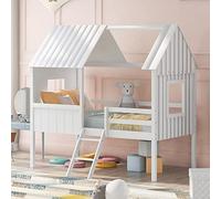 Tiiiopkvvv Lit simple en bois mezzanine bas avec échelle, deux côtés et garde-corps pleine longueur sur le lit avec espace de rangement sous le lit, 202,9 cm (L) x 114 cm (l) x 192,5 cm (H) Blanc +