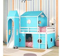 Tiiiopkvvv Lit superposé avec toboggan, tente et tour, style de vie rurale, lit en bois semblable à un château, pas de sommier tapissier nécessaire, 238,3 x 145,8 x 190 cm (L x l x H), bleu (bleu