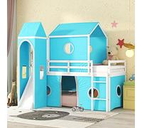 Tiiiopkvvv Lit superposé taille complète avec toboggan, tente et tour, style de vie rurale, lit en bois semblable à un château, pas de sommier tapissier nécessaire, 238,3 x 145,8 x 190 cm (L x l x H