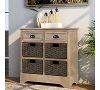 Tiiiopkvvv Meuble de rangement rustique avec deux tiroirs et quatre paniers classiques en tissu pour maison, cuisine, entrée, salon (gris délavé)