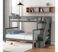 Tiiiopkvvv Solid Stairway Lit superposé double avec rangement fonctionnel et rail de protection, couleur blanche, pas besoin de sommier tapissier (gris)