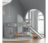 Tiiiopkvvv Stairway Lit mezzanine double avec deux tiroirs et toboggan, économe en espace, échelle convertible, robuste et en bois de pin, garde-corps équipés, pas besoin de sommier (gris_0 Twin)