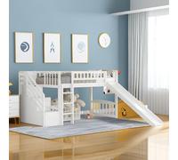 Tiiiopkvvv Stairway Lit mezzanine double avec deux tiroirs et toboggan, économe en espace, échelle convertible, robuste et en bois de pin, garde-corps équipés, pas besoin de ressorts (blanc_0 Twin)