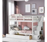 Tiiiopkvvv Stairway Lit superposé double avec trois tiroirs et quatre étagères, séparable en deux lits, pas besoin de sommier tapissier, idéal pour chambre à coucher, dortoir, lit jumeau, blanc (blanc