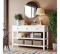 Tiiiopkvvv Table console avec 3 tiroirs supérieurs et 2 étagères ouvertes, tables de canapé en bois de style rétro, tables d'entrée et buffets, 127 x 40,6 x 76,2 cm (L x l x H) (blanc antique)