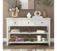 Tiiiopkvvv Table console en bois de style vintage avec pieds et pieds solides, table de canapé d'entrée avec 3 tiroirs de rangement et 2 étagères ouvertes, 129,9 x 40 x 75,9 cm (l x P x H), blanc