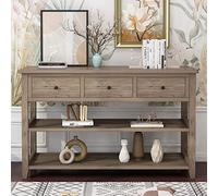 Tiiiopkvvv Table console en bois de style vintage avec pieds solides, table de canapé d'entrée avec 3 tiroirs de rangement et 2 étagères ouvertes, 120 x 40 x 75,9 cm (l x P x H), blanc vieilli (gris