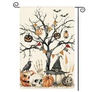 Tikeciti Drapeau de jardin d'Halloween avec arbre noir et citrouille - 30,5 x 45,7 cm - Double face - Crâne corbeau - En toile de jute saisonnière - Petit drapeau de cour - Ferme - Vacances - Patio