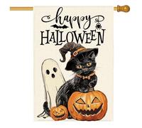 Tikeciti Drapeau de jardin « Happy Halloween » chat noir bienvenue 71,1 x 101,6 cm double face, fantôme effrayant, citrouille, toile de jute, grand drapeau de cour, maison, ferme, vacances, terrasse