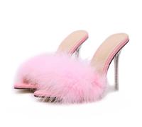 TIKENBST Talon Aiguille Talons Hauts 10CM Boule De Cheveux Sandales Femmes été Chaussures en Cristal Transparent,Pink-40