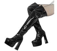 TIKENBST Talon Aiguille Talons Hauts 15CM Talon Haut sur Le Genou Bottes Talon Carré Carré Plate-Forme Zippée sur Le Côté Cuissardes,Black-37