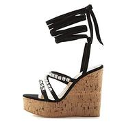 TIKENBST Talon Aiguille Talons Hauts Sexy 46 Grain de Bois 17CM Sandales Compensées Bride à La Cheville,Black-46