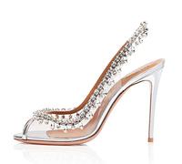 TIKENBST Talon Aiguille Talons Hauts Sling Chaussures pour Femmes De Grande Taille Chaussures De Mode en Diamant Magnifique Chaîne,Silver-44