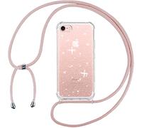 Tikgue Collier Coque Glitter Transparent Paillettes pour iPhone SE 2022 / iPhone 2020，iPhone 8 / iPhone 7 avec Cordon, Etui TPU Bumper Silicone Case avec Chaîne Lanière Housse - Or Rose