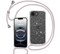 Tikgue Coque pour iPhone 16e / iPhone 17e avec Cordon, Collier Coque Glitter Transparent Paillettes Etui TPU Bumper Silicone Case avec Chaîne Lanière Housse - Or Rose