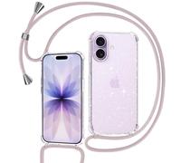 Tikgue Coque pour iPhone 17 avec Cordon, Collier Coque Glitter Transparent Paillettes Etui TPU Bumper Silicone Case avec Chaîne Lanière Housse Compatible avec iPhone 17 - Or Rose