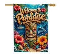 Tiki Drapeau de maison, motif requin d'hibiscus tropical vif bleu d'été double face en toile de jute pour extérieur, cour, pelouse, terrasse, porte, entrée, 71 x 101 cm