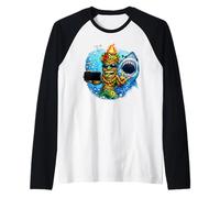Tiki Man Shark Selfie - Funny Island Ocean Vibes Tropical Manche Raglan