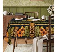 Tiki Nappe rectangulaire lavable en forme de masque tropical, feuilles de palmier, hibiscus exotiques, résistante aux taches pour cuisine, banquet, pique-nique, 152,4 x 304,8 cm