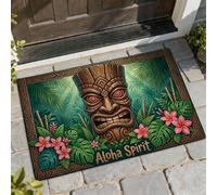 Tiki - Paillasson de bienvenue, plage tropicale, feuilles tropicales, fleurs d'été, vert, lavable, profil bas, tapis d'entrée pour porche, salle de bain, bureau, 73 x 43 cm
