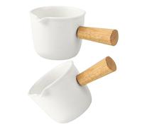 TIKODIDA 2 pièces Lot de Mini Pichets à Lait Porcelaine Blanche avec Poignée Bois Doseuse pour Sirop Pichet à Café Compact pour Espresso et Service Céramique Portable pour Cuisine et Table
