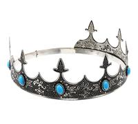 TIKODIDA Couronne de Roi Vintage en Métal Argenté Strass Bleu, Accessoire de Coiffure Médiéval pour Hommes, pour Cosplay, Bal de Fin D'année et Soirées Costumées